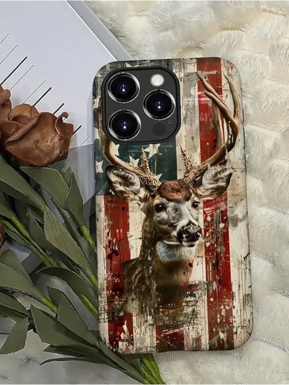 Deer Head Patriotic iPhone Case - Rustic American Flag Design 16 Max Pro